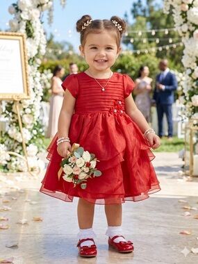 Nannette Red Tulle Flower Girl Dress with Floral Waist Detail